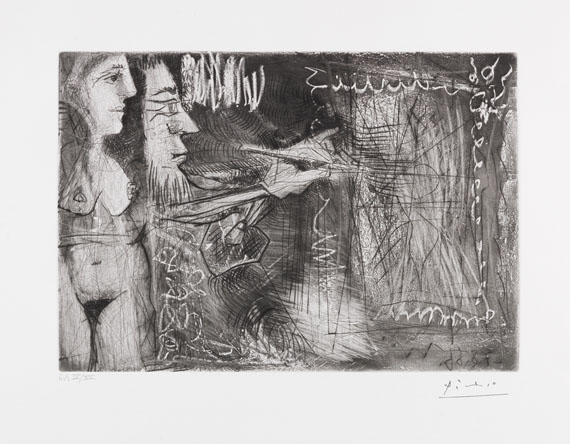 Pablo Picasso, Peintre et sa toile, avec une spectatrice nue de profil
