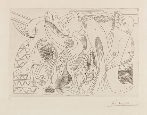 Pablo Picasso - Figures (Deux femmes nues sur un canapé, avec une table basse)