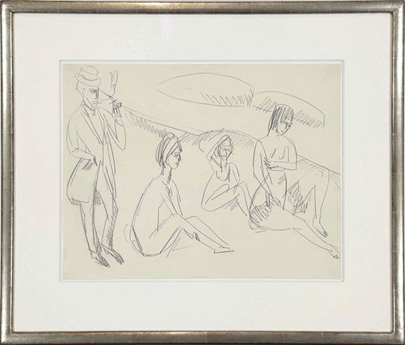 Ernst Ludwig Kirchner - Drei sitzende nackte Mädchen und Pfeife rauchender Maler am Strand - Rahmenbild