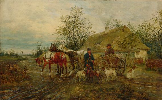 Ludwig Gedlek - Pferdefuhrwerk mit Bauern und Hunden vor einem Bauernhaus