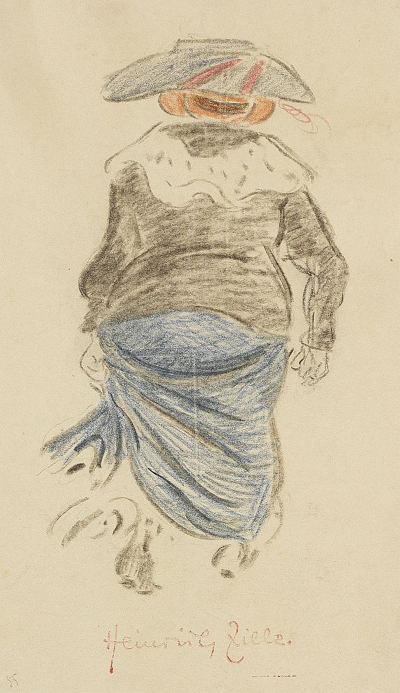 Heinrich Zille - Rockraffende Frau mit Hut von hinten