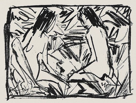 Otto Mueller - Ein sitzendes und ein kniendes Mädchen unter Blättern