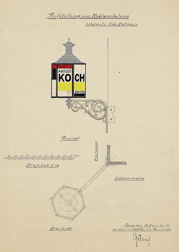 Walter Dexel - 2 Bll.: Entwurf für die Reklame-Laterne "August Koch Nachf.". Werkzeichnung Reklame-Laterne "August Koch Nachf." der städtischen Gas- und Wasserwerke Jena