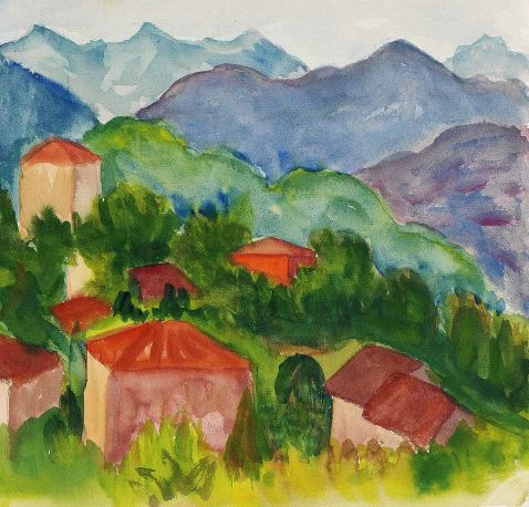 Hermann Hesse - Orig.-Aquarell "Montagnola mit Bergen"