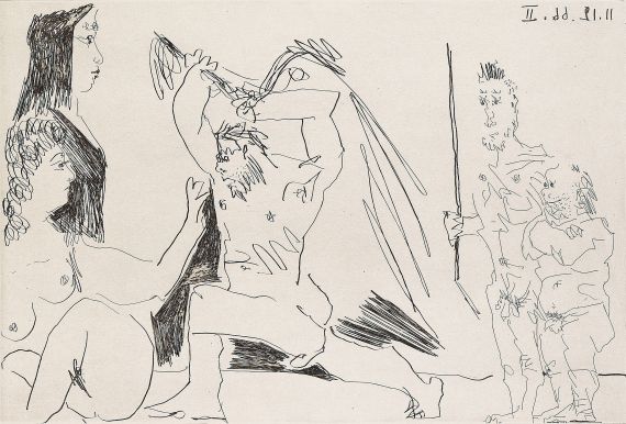 Pablo Picasso - Barbu en colère, avec deux femmes indifférentes et deux spectateurs