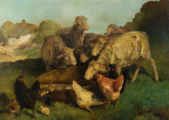 Eugène Cottin - Schafe und Hühner an einem Wassertrog in gebirgiger Landschaft