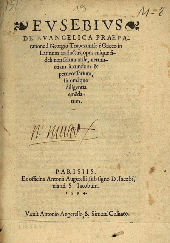  Eusebius Caesariensis - De evangelica praeparatione. 1534.