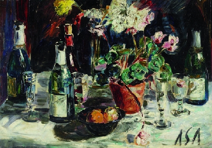Albert Schiestl-Arding - Tisch mit Flaschen, Gläsern und Topfblume