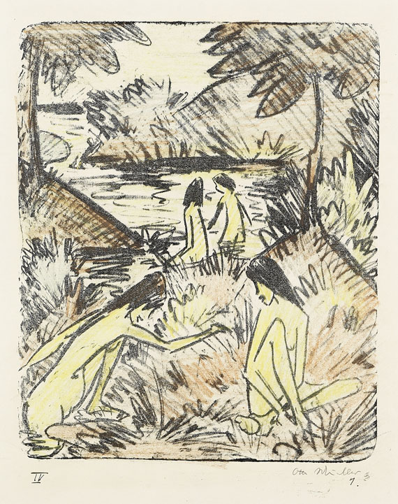 Otto Mueller - Waldsee mit drei badenden und einem sitzenden Mädchen 1 (Badende in Landschaft mit Brücke)