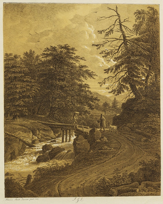 Johann Jakob Dorner d. J. - 2 Bll.: Gebirgsbach mit Balkenbrücke. Flußlandschaft mit Fähre