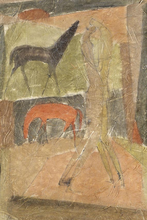 Seff Weidl - Zwei stehende Figuren mit Pferden