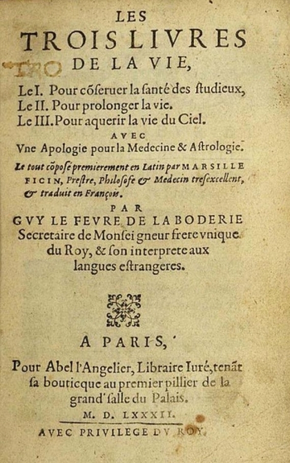 Marsilio Ficino - Les trois livres, 1682, + 1 Beig. (zus. 2 Bde.)