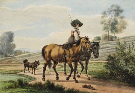 Wilhelm von Kobell - Bayerische Bäuerin mit zwei Pferden und Hund in Voralpenlandschaft