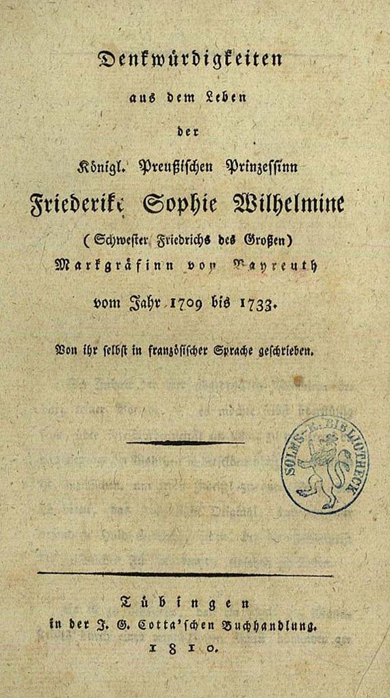 Markgräfin von Bayreuth Wilhelmine Friederike Sophie - Denkwürdigkeiten. 2 Bde. 1810