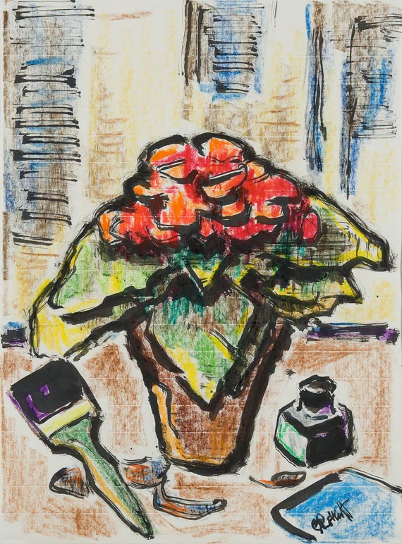 Karl Schmidt-Rottluff - Stillleben mit roter Blume und Malutensilien