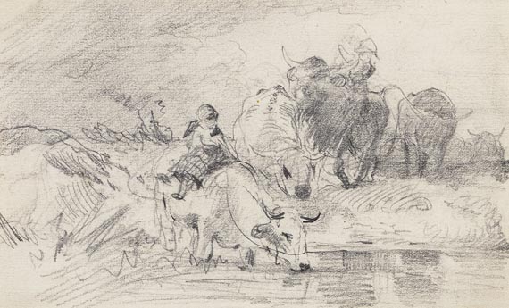Anton Braith - Herde mit Hirtin an der Furt