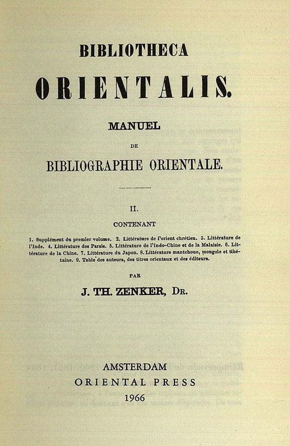 Julius Theodor Zenker - Bibliotheca Orientalis. 2 Bde. 1966