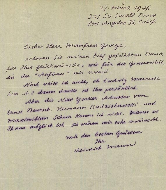 Heinrich Mann - Eigh. Brief an M. George. 1946.