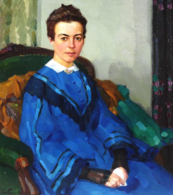 Leo Putz - Porträt einer Dame im blauen Kleid