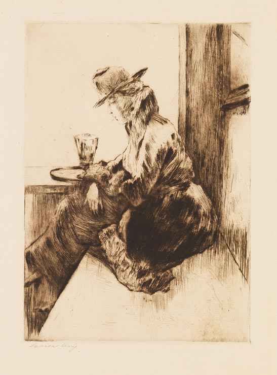 Lesser Ury - Dame im Kaffee mit aufgestütztem Arm vor leerem Glas