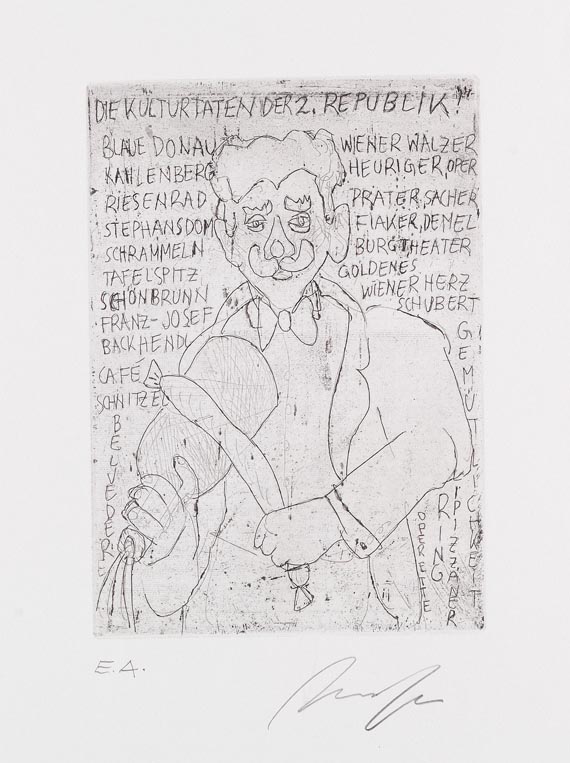 Alfred Hrdlicka - Die Kulturtaten der 2. Republik (1989). Radierung