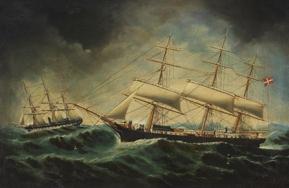 William Gay Yorke - Flensburger Fregattschiff "Peter Jordt" mit der havarierten spanischen Kriegsfregatte  "Resolución"