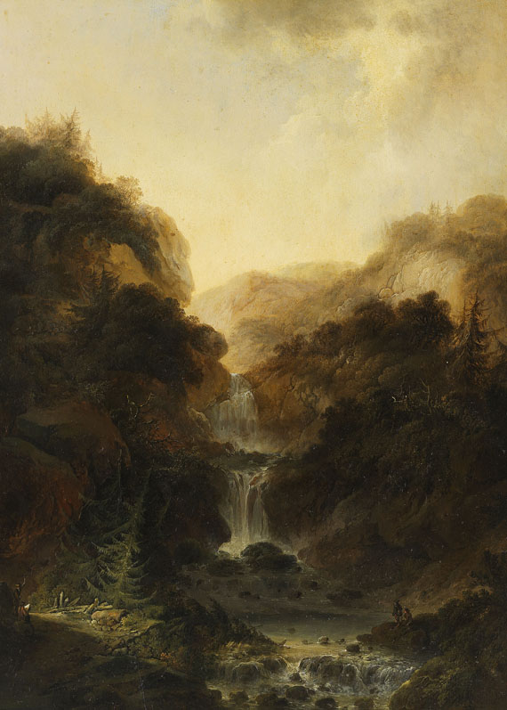 Heinrich Wüest - Gemäldepaar: Ideale Gebirgslandschaften mit Wasserfall und Zeichnern