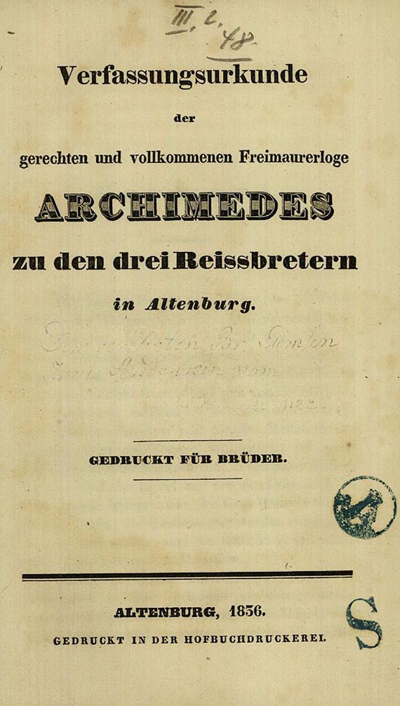 Freimaurer - Verfassungsurkunde. 1836