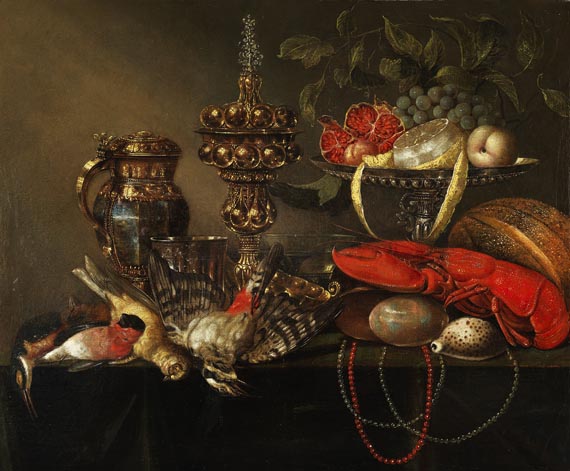 Johann Friedrich Gruber - Prunkstilleben mit Hummer, Singvögeln, Glas, Becher, Krug und Buckelpokal