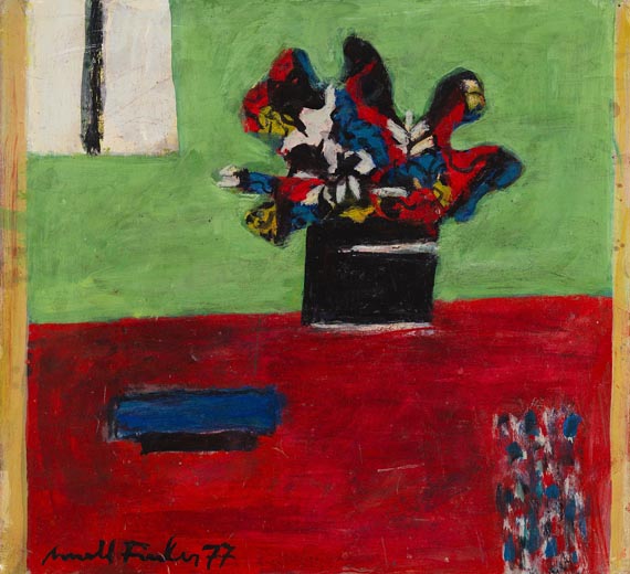 Arnold Fiedler - Schwarze Blumen auf Grün - Signatur