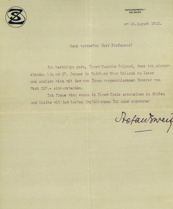 Stefan Zweig - 1 Autograph. 1925.