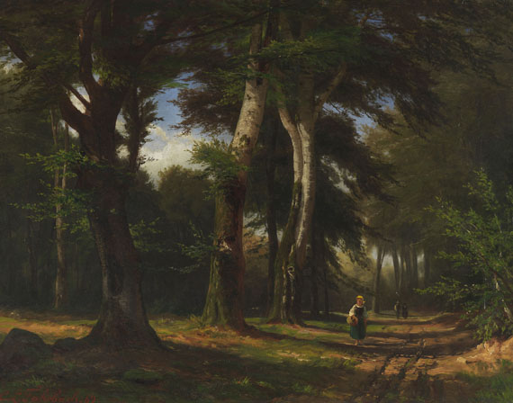 Carl Ludwig Fahrbach - Waldweg mit Personen