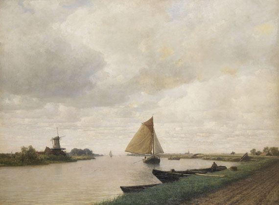 Eduard Tenner - Niederrheinlandschaft mit Segelboot und Windmühle