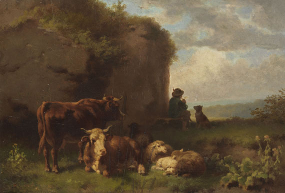 Friedrich Voltz - Zugeschrieben - Rastender Hirte mit Hund, Kühen und Schafen.