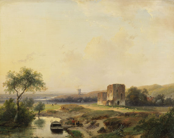 Andreas Schelfhout - Flusslandschaft bei Haarlem mit Windmühle und der Ruine Brederode
