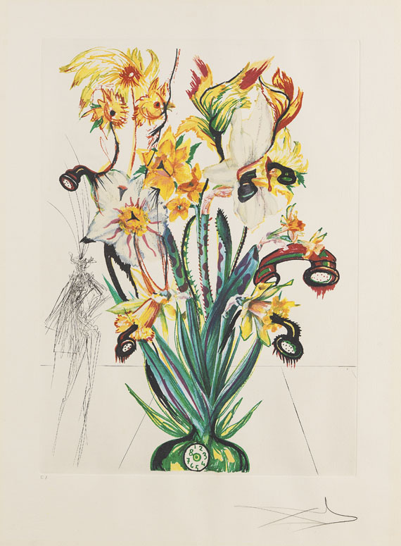 Salvador Dalí - 3 Bätter: Hemerocallis thumbergii elephanter furiosa. Narcissus telephonans inondis. Dianthus carophilius cum clavinibus multibibis