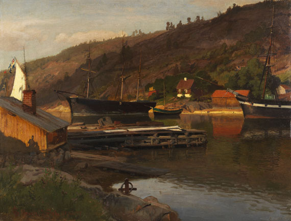 Hans Fredrik Gude - Landungsbrücke Drøbak in der Abendsonne, Norwegen