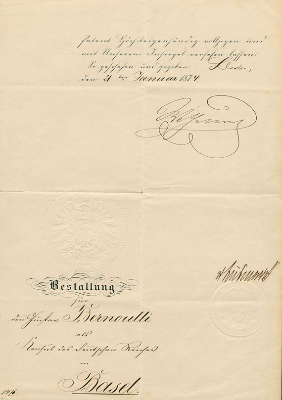  Wilhelm I. - Bestallungsurkunde m. U. Wilhelm I. und Bismarck. 1874.