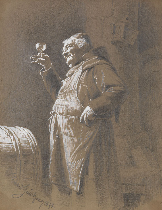 Eduard von Grützner - Bruder Kellermeister bei der Weinprobe