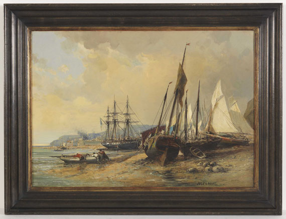 Jules Achille Noël - Segelschiffe und Fischerboote am bretonischen Strand (Brest?) - Rahmenbild