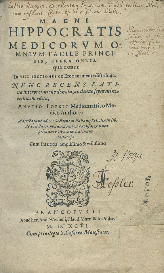  Hippokrates - Opera omnia. 1596. + 3 Beigaben.