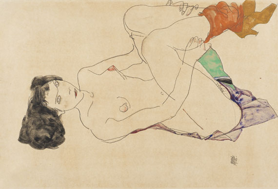 Egon Schiele - Liegender weiblicher Akt mit angezogenen Beinen