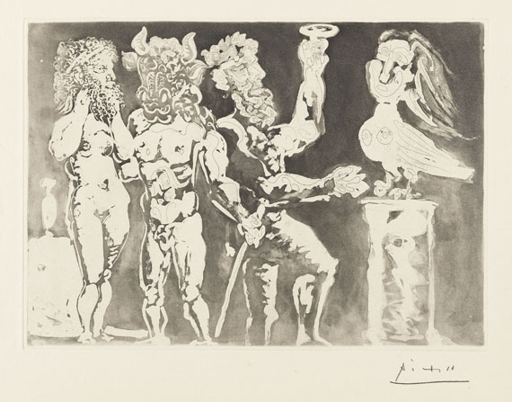 Pablo Picasso - Chez la Pythie-Harpye, homme au masque de Minotaure et femme au masque de sculpteur