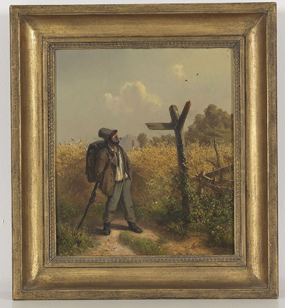 Adolf Heinrich Lier - Der Landstreicher am Wegweiser - Rahmenbild