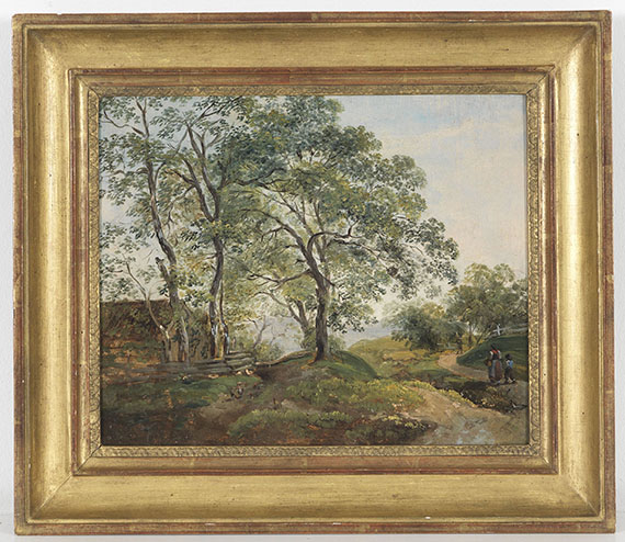 Johann Georg von Dillis - Hügelige Baumlandschaft mit Hütte - Rahmenbild