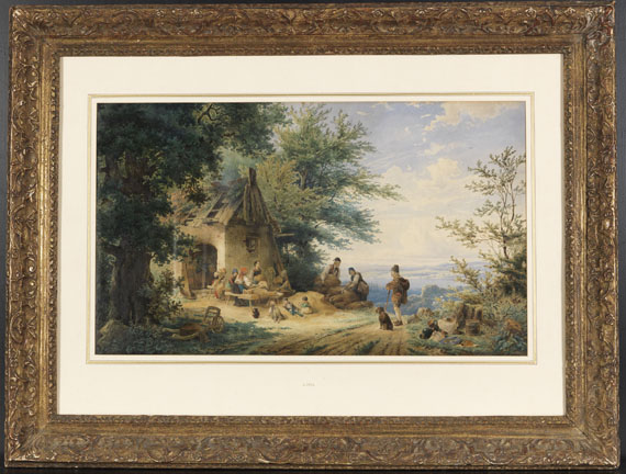 Anton Doll - Sommerliche Landschaft mit Bauern bei der Flachsverarbeitung - Rahmenbild