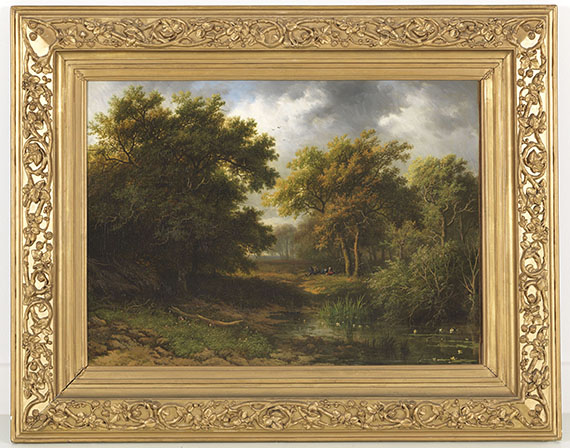 Willem Bodeman - Waldlandschaft mit Weiher und Rastenden - Rahmenbild