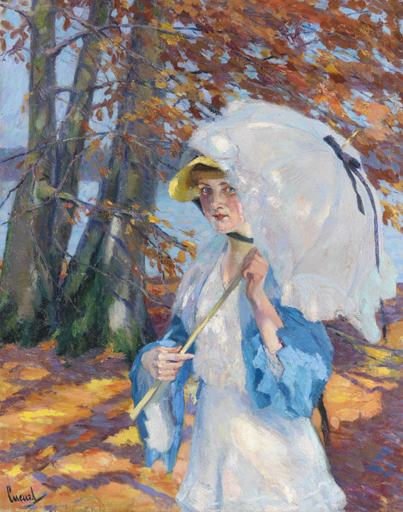Edward Cucuel - Dame mit Sonnenschirm im Herbstlaub am Ammersee