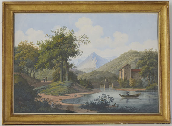 Joseph August Knip - Schloss Saint Maurice mit Brücke über die Rhône, im Schweizer Kanton Wallis - Rahmenbild