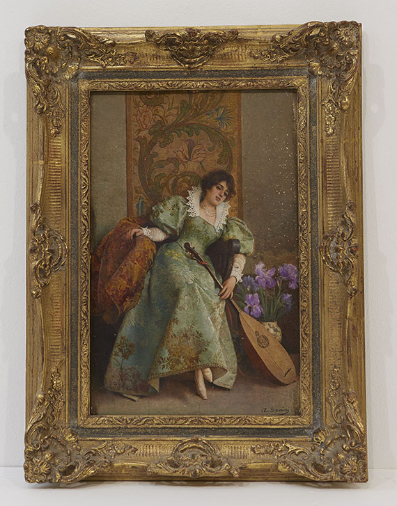 Alfonso Savini - Junge Dame mit Laute - Rahmenbild